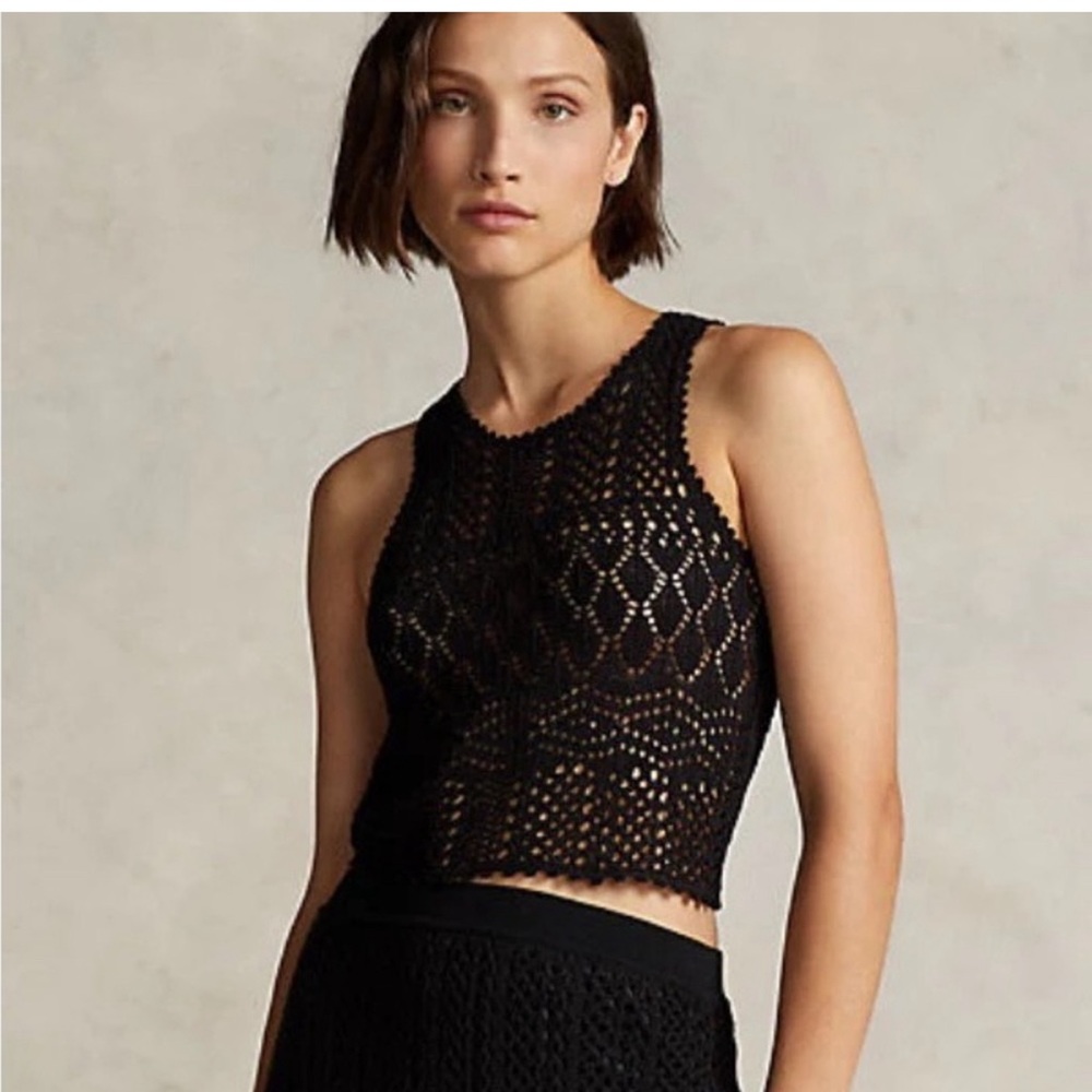 Polo by Ralph Lauren Pointelle-Knit Black Crochet Sleeveless Tank Top Size S NWT